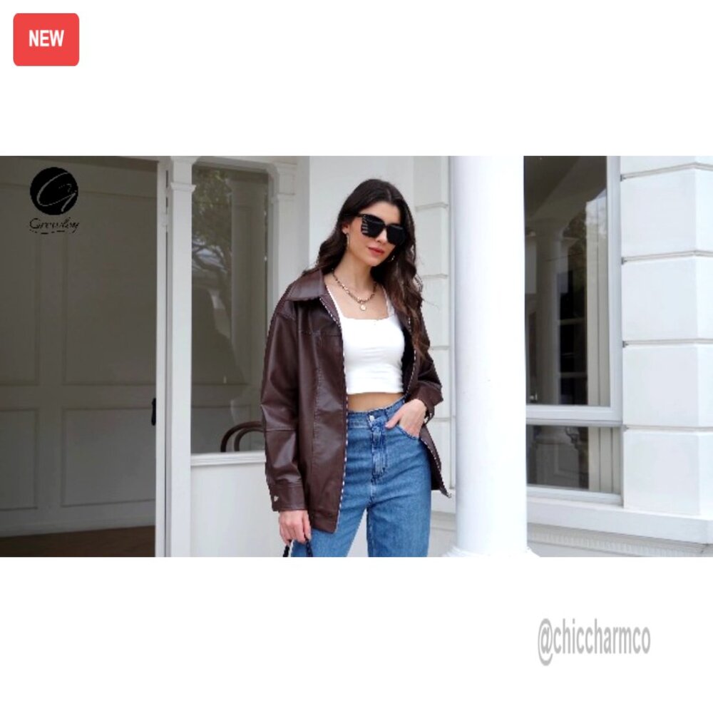 Oversized Faux Leather Bomber Jacket Motorcycle Style Zip Up Coat - Picture 7 of 7